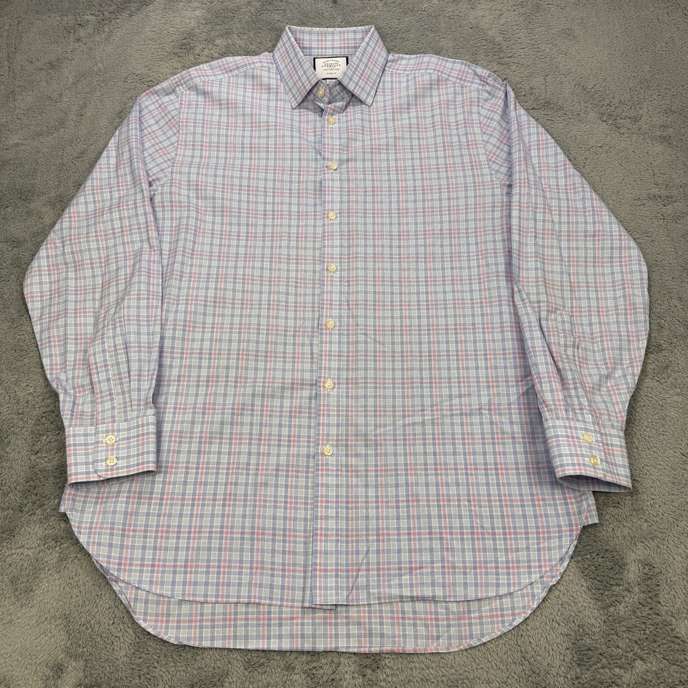 Charles Tyrwhitt Dress Shirt Men 17/36 Blue Plaid Slim Non Iron Work‎ Business